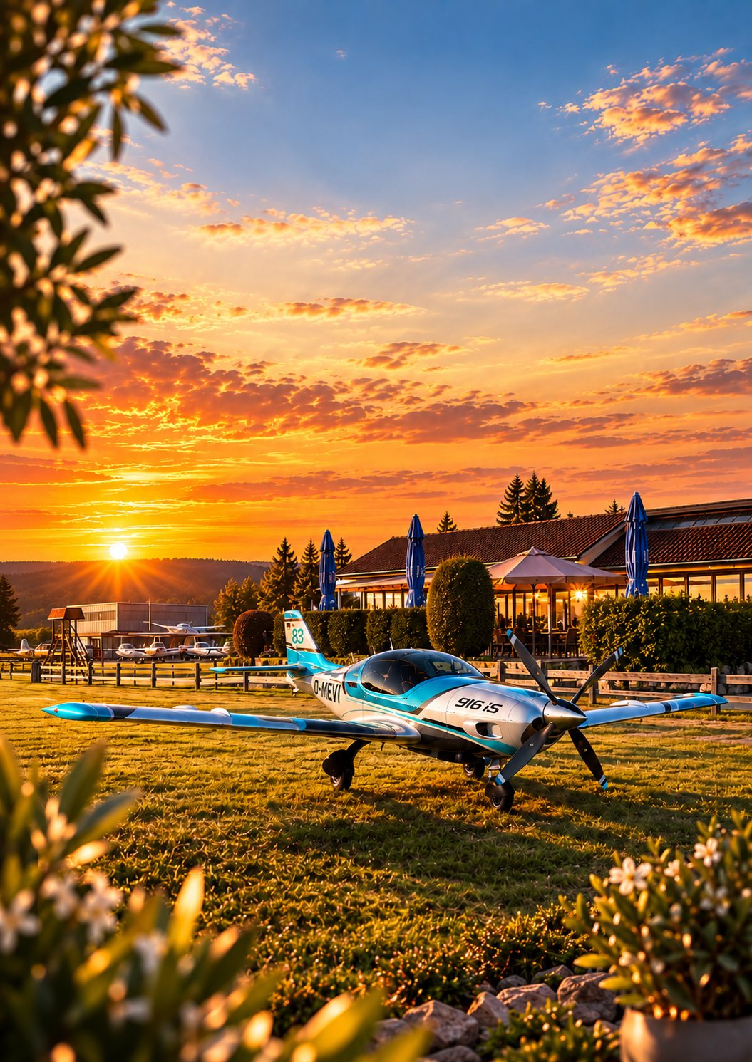 Die Fliegerklause mit Terrasse im Abendlicht, davor ein Kleinflugzeug auf der Wiese